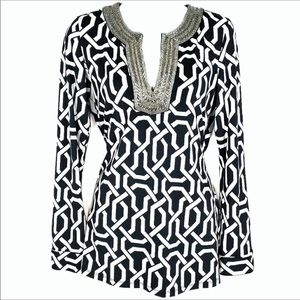 INC black white tunic with silver bead neck XL
